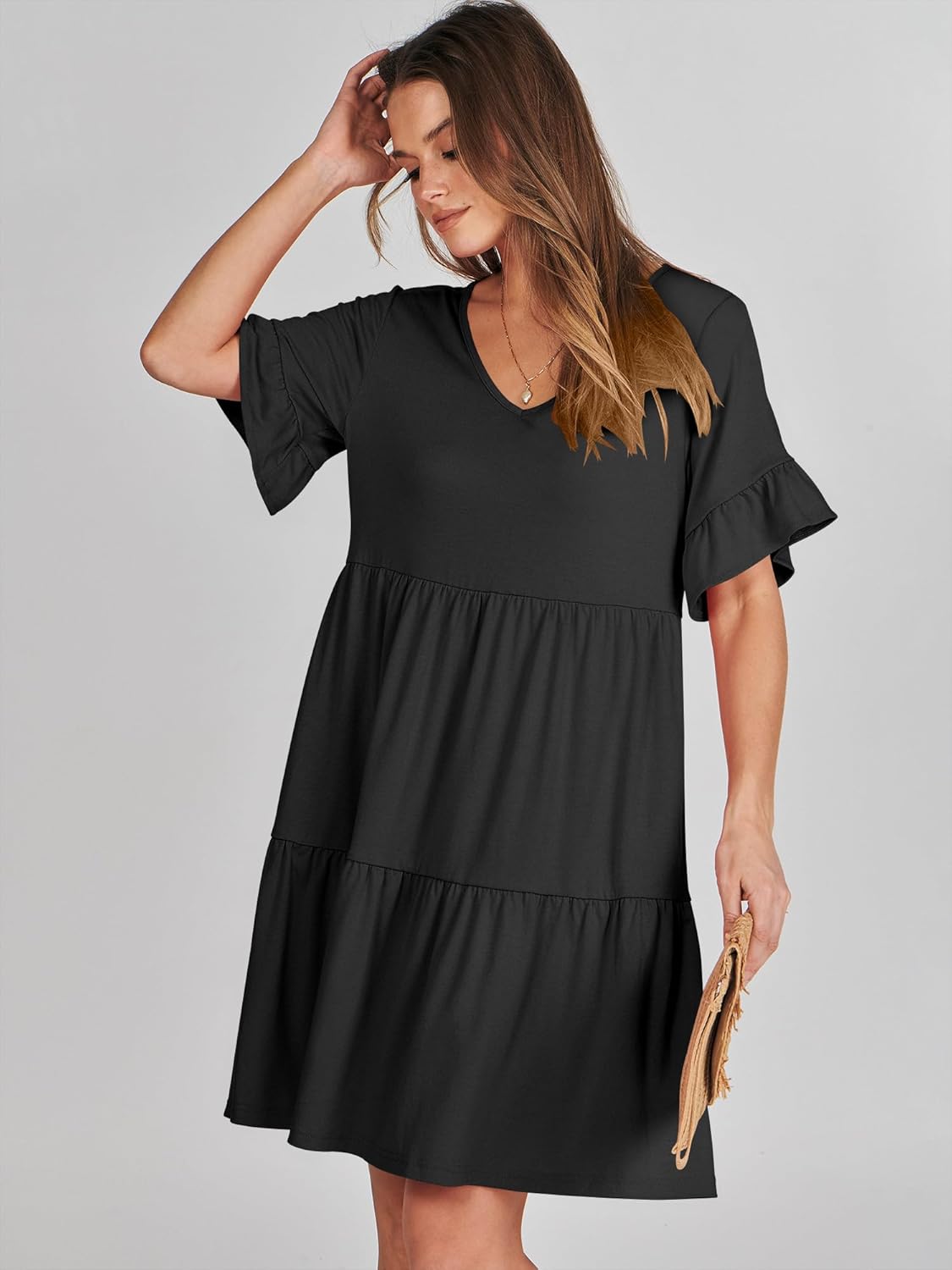 Size S ANRABESS Dresses for Women Summer 2026 V Neck Ruffle Sleeve A Line Tiered Flowy Casual Trendy Mini Beach Dress with Pockets